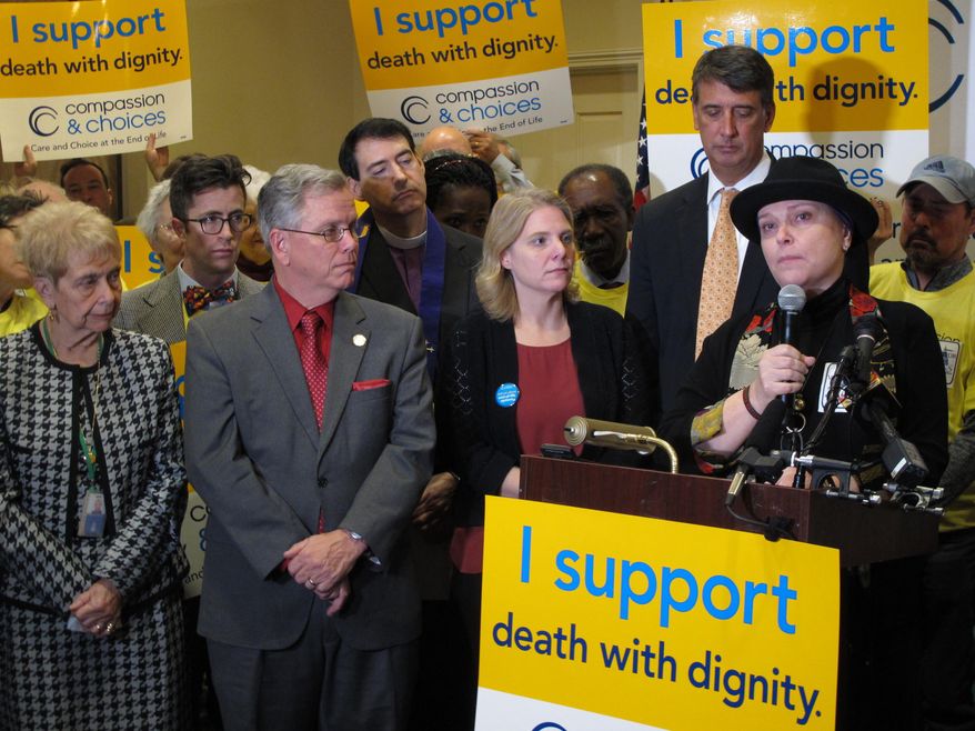 Alexa Fraser, right, whose father shot himself to death in 2014 in response to advancing Parkinson's disease, speaks during a news conference Wednesday, Jan. 25, 2017, in Annapolis, Md., in favor of legislation to allow terminally ill patients to end their own lives by self-ingesting drugs prescribed by a doctor. Supporters hope a neutral position adopted on the issue by the Maryland State Medical Society this fall will help boost support for the bill this year. (AP Photo/Brian Witte)