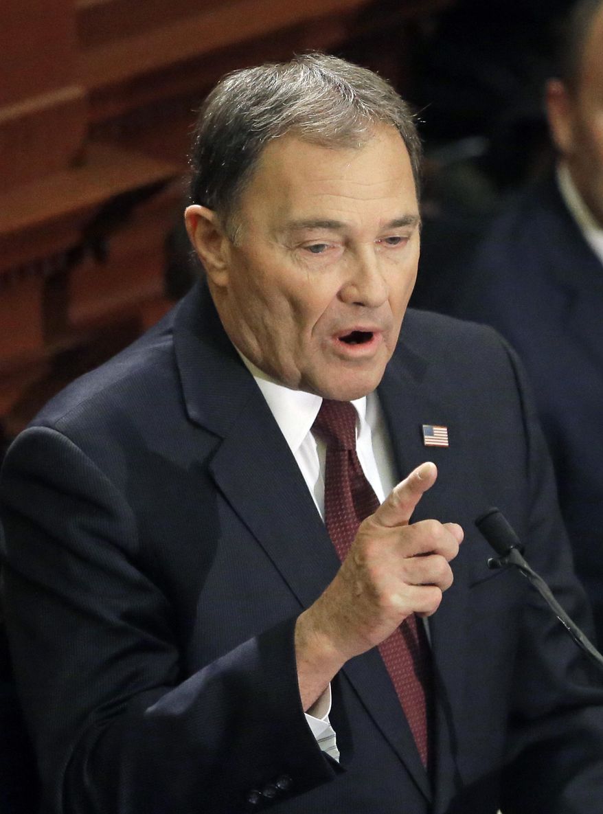 Utah Gov. Gary Herbert speaks during his annual state of the state address at the Utah State capitol Wednesday, Jan. 25, 2017, in Salt Lake City. Herbert, a Republican did not vote for Trump, says he's hopeful Trump and the Republican-controlled Congress will make major changes that give the state greater control over its education, transportation, health care and public lands. (AP Photo/Rick Bowmer)