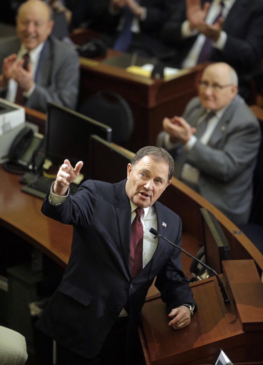 Utah Gov. Gary Herbert speaks during his annual state of the state address at the Utah State capitol Wednesday, Jan. 25, 2017, in Salt Lake City. Herbert, a Republican did not vote for Trump, says he's hopeful Trump and the Republican-controlled Congress will make major changes that give the state greater control over its education, transportation, health care and public lands. (AP Photo/Rick Bowmer)