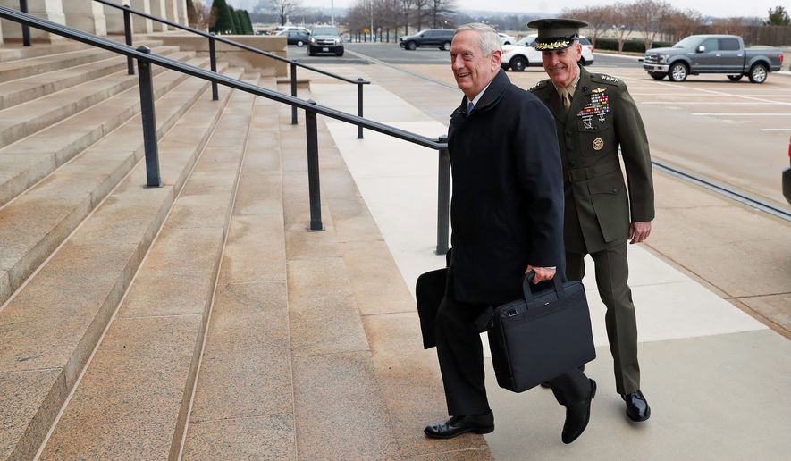 Secretary of Defense James N. Mattis (left) and Gen. Joseph F. Dunford, chairman of the Joint Chiefs of Staff, met at the Pentagon last weekend. (Associated Press)