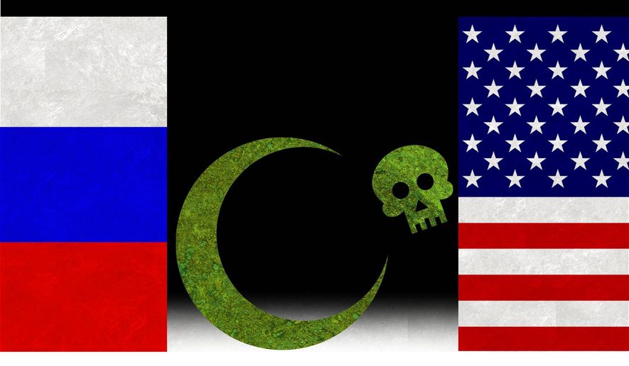 Illustration on U.S. Russian efforts to fight Islamic terrorism by Alexander Hunter/The Washington Times