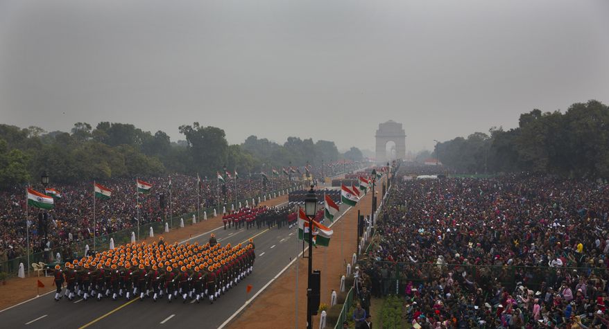 Soldiers of Indian Armed forces march along Rajpath, the ceremonial boulevard, during Republic Day parade in New Delhi, India, Thursday, Jan. 26, 2017. India celebrates Republic day with parades across the country, showcasing India’s military might and economic strength. (AP Photo/Manish Swarup)