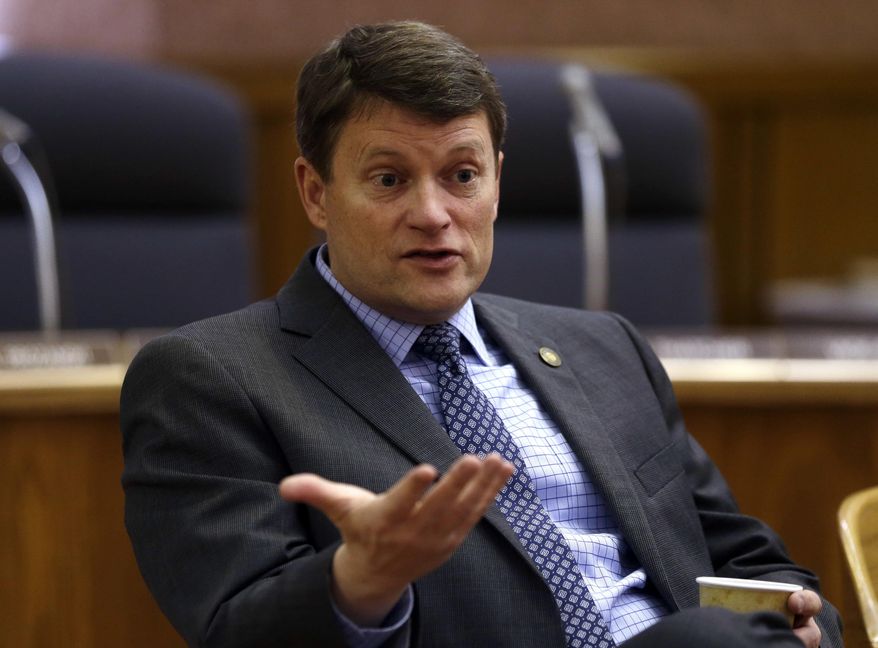 Oregon House Minority Leader Mike McClane, R-Powell Butte, speaks in Salem, Ore., Thursday, Jan. 26, 2017. Oregon legislative leaders are meeting at the Capitol in a forum with state media representatives to outline agendas for the upcoming legislative session in February. (AP Photo/Don Ryan)