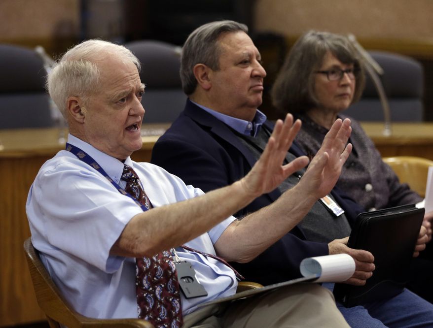 Oregon Senate President Peter Courtney, left, D-Salem, speaks as Senate Minority Leader Ted Ferrioli, middle, R-John Day, and Senate Majority Leader Ginny Burdick, D-Portland, listen in Salem, Ore., Thursday, Jan. 26, 2017. Oregon legislative leaders are meeting at the Capitol in a forum with state media representatives to outline agendas for the upcoming legislative session in February. (AP Photo/Don Ryan)