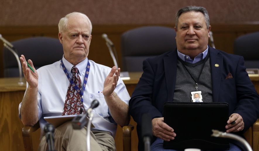 Oregon Senate President Peter Courtney, left, D-Salem, speaks as Senate Minority Leader Ted Ferrioli, R-John Day, listens in Salem, Ore., Thursday, Jan. 26, 2017. Oregon legislative leaders are meeting at the Capitol in a forum with state media representatives to outline agendas for the upcoming legislative session in February. (AP Photo/Don Ryan)