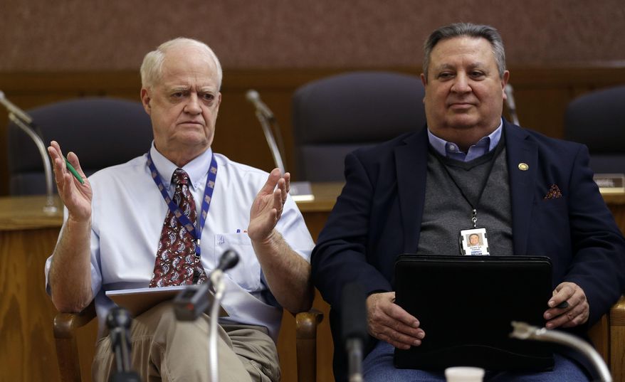 Oregon Senate President Peter Courtney, left, D-Salem, speaks as Senate Minority Leader Ted Ferrioli, R-John Day, listens in Salem, Ore., Thursday, Jan. 26, 2017. Oregon legislative leaders are meeting at the Capitol in a forum with state media representatives to outline agendas for the upcoming legislative session in February. (AP Photo/Don Ryan)
