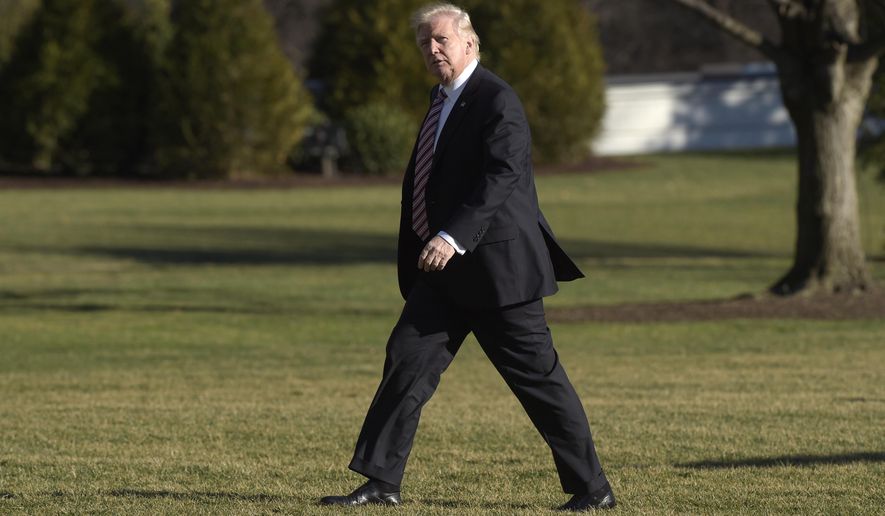 President Donald Trump walks on the South Lawn of the White House in Washington, Thursday, Jan. 26, 2017, after returning from a trip to Philadelphia. (AP Photo/Susan Walsh)