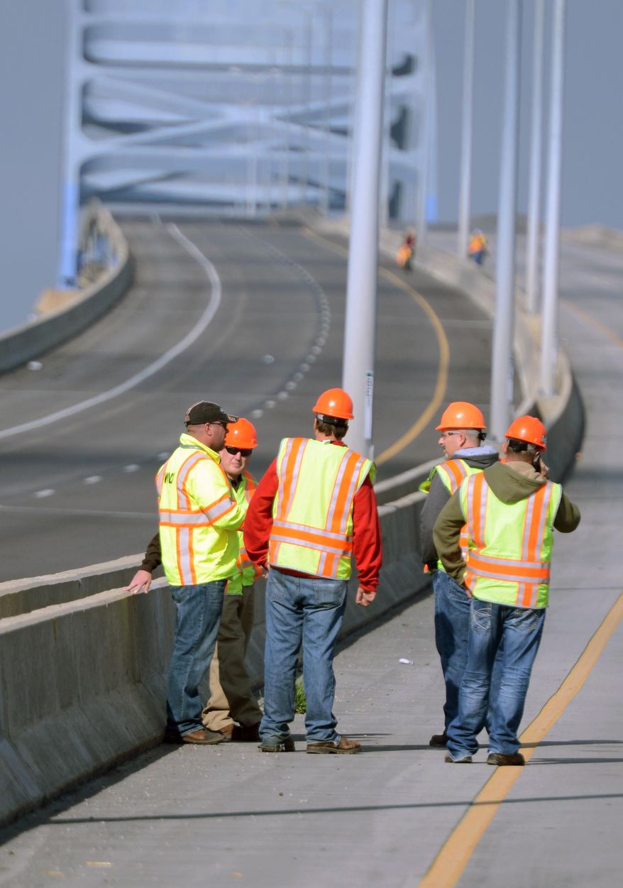 FILE - In this Sept. 25, 2013, file photo, Wisconsin Department of Transportation workers inspect the Leo Frigo Bridge after structural damage to a span was discovered in Green Bay, Wis. A highly critical audit of the Wisconsin Department of Transportation released Thursday, Jan. 26, 2016, said the agency drastically underestimated the cost of major highway projects and didn't take into account inflation and unexpected cost increases. (H. Marc Larson/The Green Bay Press-Gazette via AP, File)