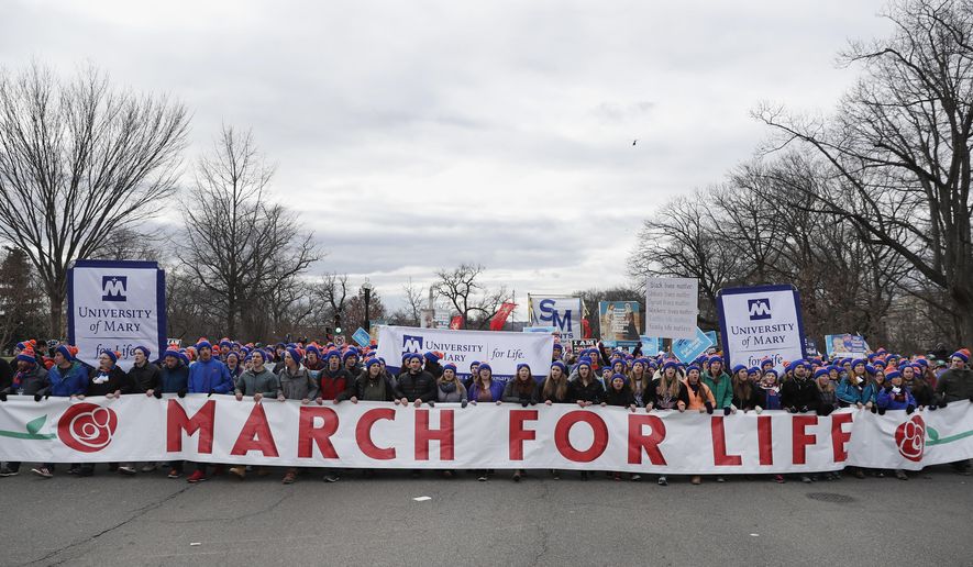 Anti-abortion activists march up Constitution Avenue en route to the Supreme Court in Washington, Friday, Jan. 27, 2017, during the 44th annual March For Life. (AP Photo/Carolyn Kaster)