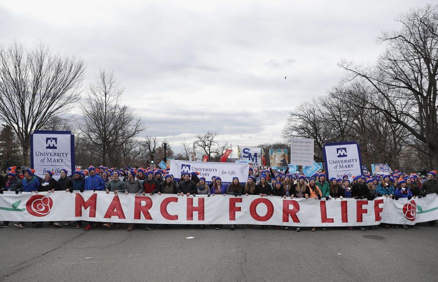 Anti-abortion activists march up Constitution Avenue en route to the Supreme Court in Washington, Friday, Jan. 27, 2017, during the 44th annual March For Life. (AP Photo/Carolyn Kaster)