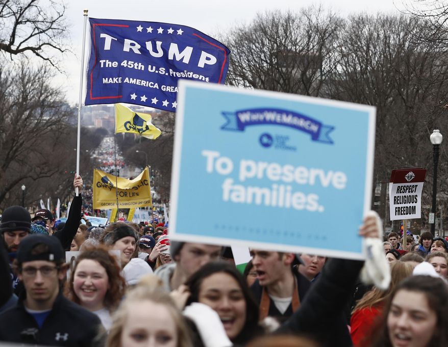 Anti-abortion activists and supporters of President Donald Trump march up Constitution Avenue en route to the Supreme Court in Washington, Friday, Jan. 27, 2017, during the 44th annual March For Life. (AP Photo/Carolyn Kaster)