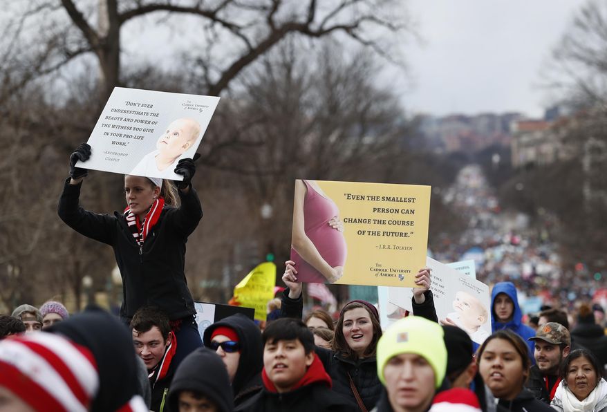Anti-abortion activists march up Constitution Avenue en route to the Supreme Court in Washington, Friday, Jan. 27, 2017, during the 44th annual March For Life. (AP Photo/Carolyn Kaster)