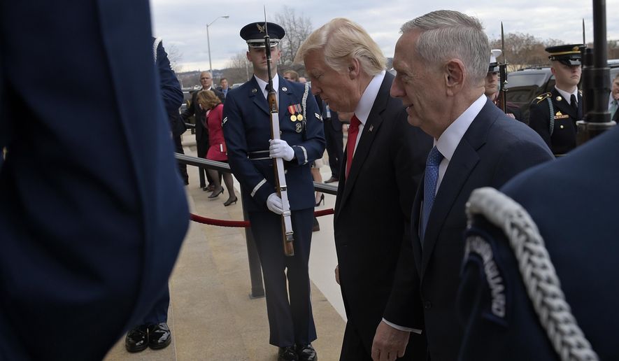 President Donald Trump and Defense Secretary James Mattis walk into the Pentagon, Friday, Jan. 27, 2017. (AP Photo/Susan Walsh)
