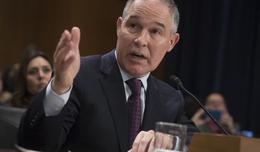 Environmental Protection Agency Administrator-designate, Oklahoma Attorney General Scott Pruitt testifies on Capitol Hill in Washington at his confirmation hearing before the Senate Environment and Public Works Committee on Jan. 18, 2017. (Associated Press) **FILE**