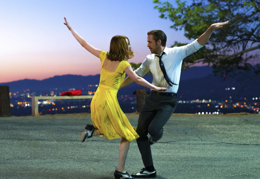 This image released by Lionsgate shows Ryan Gosling, right, and Emma Stone in a scene from, "La La Land." The film was nominated for an Oscar for best picture on Tuesday, Jan. 24, 2017. The 89th Academy Awards will take place on Feb. 26. (Dale Robinette/Lionsgate via AP)