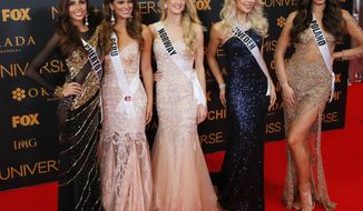 Miss Universe contestants pose on the red carpet on the eve of their coronation Sunday, Jan. 29, 2017, at the Mall of Asia in suburban Pasay city south of Manila, Philippines. Eighty-six conestants are vying for the title to succeed Pia Wurtzbach from the Philippines. From left, Brenda Jimenez of Puerto Rico, Valeria Piazza of Peru, Christina Waage of Norway, Ida Ovmar of Sweden, Isabella Krzan of Poland.(AP Photo/Bullit Marquez)