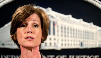 President Trump fired acting Attorney General Sally Yates, an Obama administration holdover, after she “betrayed the Department of Justice” by refusing to defend his executive order for extreme vetting, according to the White House. (AP Photo/J. David Ake) ** FILE **