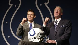 Colts Owner Jim Irsay, right, and new general manager Chris Ballard pose following a news conference at the NFL team&#x27;s practice facility in Indianapolis, Monday, Jan. 30, 2017. (AP Photo/Michael Conroy)