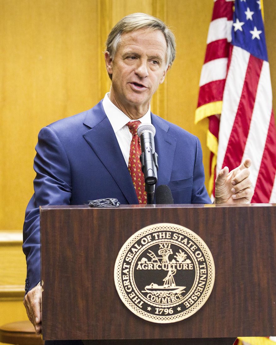 Republican Gov. Bill Haslam speaks to reporter about his budget priorities at the state Capitol in Nashville, Tenn., on Monday, Jan. 30, 2017. Haslam was scheduled to address a joint convention of the Tennessee General Assembly later in the day. (AP Photo/Erik Schelzig)