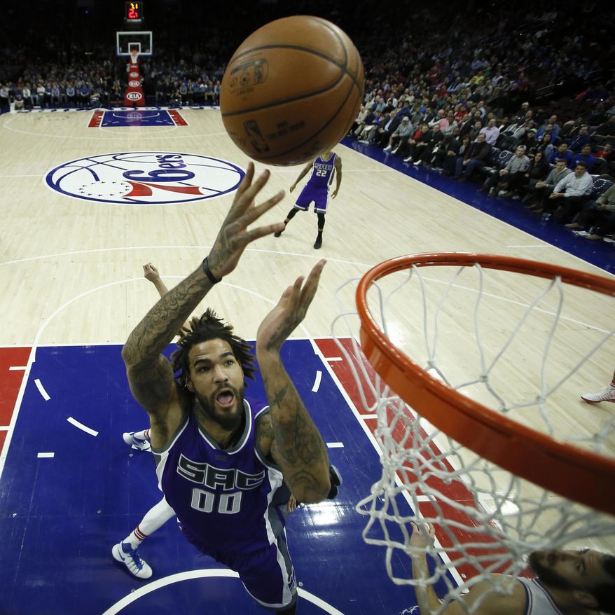 Sacramento Kings' Willie Cauley-Stein goes up for a shot during the first half of an NBA basketball game against the Philadelphia 76ers, Monday, Jan. 30, 2017, in Philadelphia. (AP Photo/Matt Slocum)