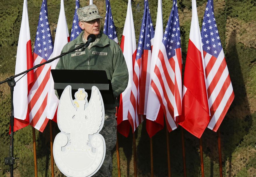 Deputy Commander, United States European Command Lieutenant General Timothy Ray speaks during a ceremony opening Polish and U.S. Army exercise on training fields in Zagan, Poland, Monday, Jan. 30, 2017. (AP Photo/Krzysztof Zatycki)