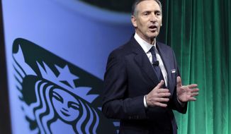 FILE- In this Dec. 7, 2016, file photo, Starbucks Chairman and CEO Howard Schultz speaks during the Starbucks 2016 Investor Day meeting in New York. Starbucks says it will hire 10,000 refugees over the next five years, a response to President Donald Trump&#x27;s indefinite suspension of Syrian refugees and temporary travel bans that apply to six other Muslim-majority nations. Schultz said in a letter to employees Sunday, Jan. 29, 2017, that the hiring would apply to stores worldwide. (AP Photo/Richard Drew, File)