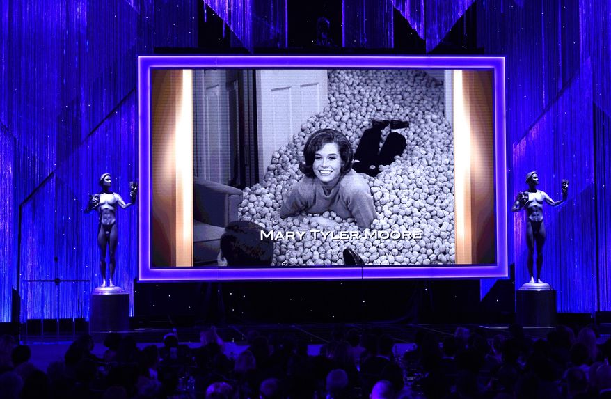 Mary Tyler Moore is pictured on screen during an In Memoriam tribute at the 23rd annual Screen Actors Guild Awards at the Shrine Auditorium &amp;amp; Expo Hall on Sunday, Jan. 29, 2017, in Los Angeles. (Photo by Chris Pizzello/Invision/AP)