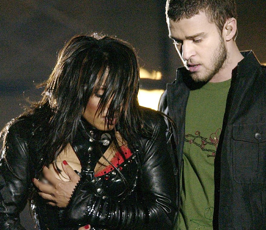 Janet Jackson and Justin Timberlake - Super Bowl XXXVIII (2004) Janet Jackson, covers her breast after her outfit came undone during the half time performance with Justin Timberlake at Super Bowl XXXVIII in Houston.(AP Photo/David Phillip)