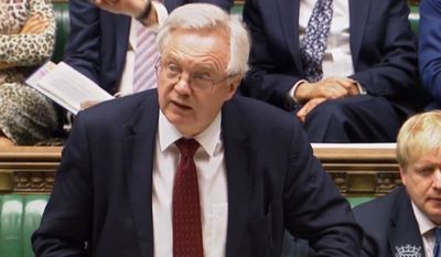 Britain&#39;s Brexit Secretary David Davis speaks in the House of Commons, London during the second reading debate on the EU (Notification on Withdrawal) Bill, Tuesday, Jan. 31, 2017. British lawmakers are starting debate on a bill authorizing the start of European Union exit talks, as the government races to meet a self-imposed March 31 deadline to begin the process. (PA via AP)