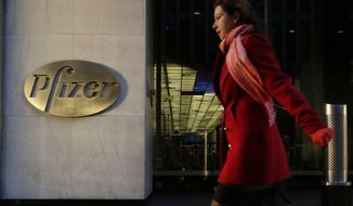 FILE - In this Monday, Nov. 23, 2015, file photo, a woman passes Pfizer&#x27;s world headquarters, in New York. Pfizer Inc. (PFE) on Tuesday, Jan. 31, 2017, reported fourth-quarter net income of $775 million, after reporting a loss in the same period a year earlier. (AP Photo/Mark Lennihan, File)
