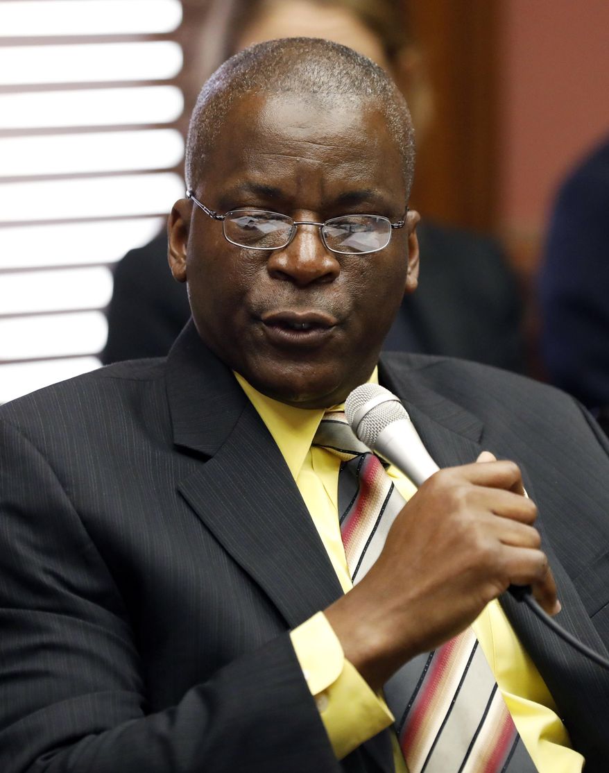 House Appropriations Committee member David Myers, D-McComb, questions House Education Committee member Richard Bennett, R-Long Beach, about specific contents within House Bill No. 1294, an unfinished piece of legislation that brings forward code sections of the Mississippi Adequate Education Program, Tuesday, Jan. 31, 2017 at the Capitol in Jackson, Miss. The bill, also called a "dummy bill," passed through the committee, making it possible for lawmakers to amend the law in the future despite having no new language ready by deadline day. (AP Photo/Rogelio V. Solis)