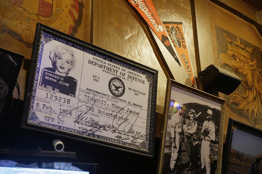 This photo taken Friday, Jan. 13, 2017, shows an enlarged military identification card for Marilyn Monroe, when she was the wife of Joe DiMaggio, hanging at Lefty O'Doul's restaurant and lounge in San Francisco. The historic sports bar and hofbrau, filled with baseball memorabilia, is set to close because of a landlord dispute in February. The restaurant opened in 1958 and is seeking a new home. (AP Photo/Eric Risberg)