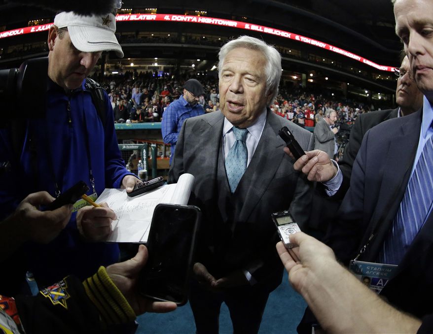 New England Patriots owner Robert Kraft answers questions during opening night for the NFL Super Bowl 51 football game at Minute Maid Park Monday, Jan. 30, 2017, in Houston. (AP Photo/David J. Phillip)