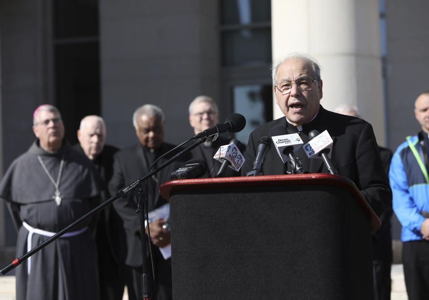 Archbishop Wilton Gregory of the Archdiocese of Atlanta speaks during a news conference at the Richmond County Courthouse on Tuesday, Jan. 31, 2017, in Augusta, Ga. The Archbishop along with bishops Felipe Estevez and Gregory Hartmayer gathered to ask the district attorney to not seek the death penalty in the case against Steven James Murray, who is charged with the killing of the Rev. Rene Robert. (AP Photo/Heidi Heilbrunn)