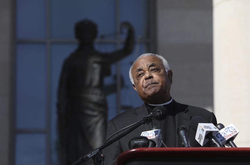 Archbishop Wilton Gregory of the Archdiocese of Atlanta speaks during a news conference at the Richmond County Courthouse on Tuesday, Jan. 31, 2017, in Augusta, Ga. The Archbishop along with bishops Felipe Estevez and Gregory Hartmayer gathered to ask the district attorney to not seek the death penalty in the case against Steven James Murray, who is accused of killing the Rev. Rene Robert. (AP Photo/Heidi Heilbrunn)