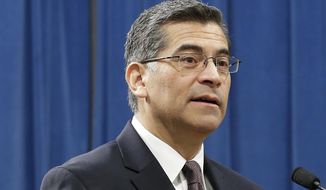 In this Jan. 24, 2017, file photo, Xavier Becerra, California&#39;s attorney general, talks to reporters at a news conference in Sacramento, Calif. Democratic attorneys general from 15 states have vowed to “use all the tools of our offices” to push back against President Donald Trump’s immigration order in the clearest sign yet that the top lawyers for Democratic-leaning states plan to fight policies coming from the new administration when they believe they are unconstitutional or harmful to the public. (AP Photo/Rich Pedroncelli, File)