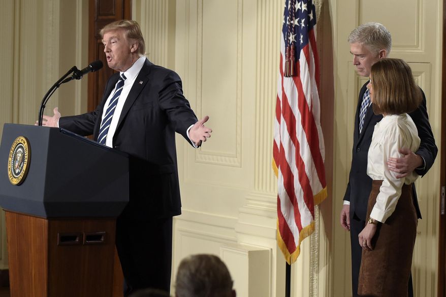 President Donald Trump announces 10th U.S. Circuit Court of Appeals Judge Neil Gorsuch as his choice for Supreme Court Justice during a televised address from the East Room of the White House in Washington, Tuesday, Jan. 31, 2017. (AP Photo/Susan Walsh)