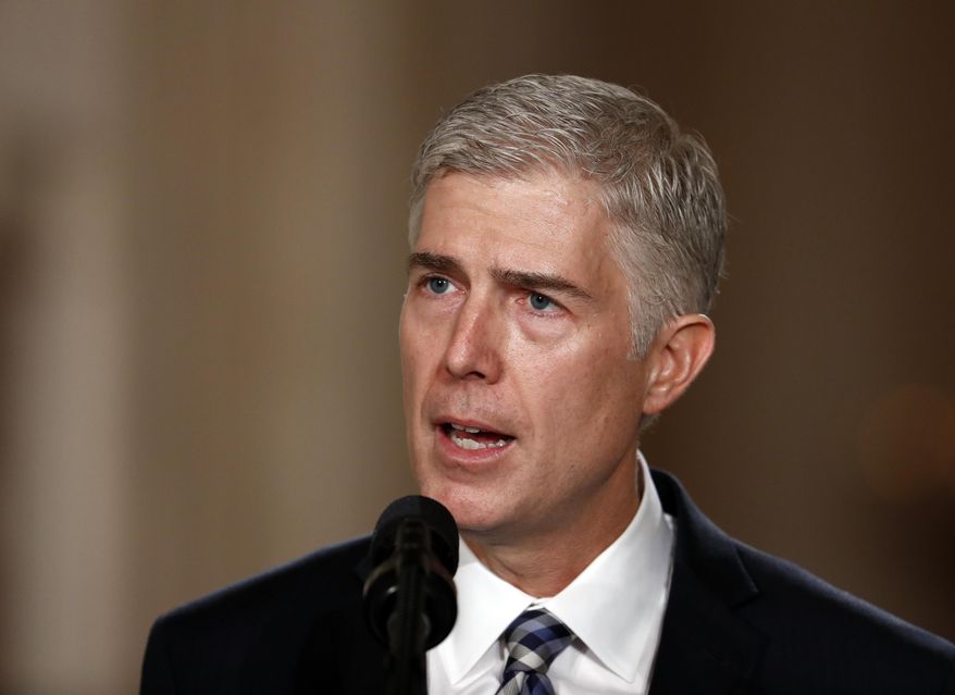 Judge Neil Gorsuch speaks in the East Room of the White House in Washington, Tuesday, Jan. 31, 2017, after President Donald Trump announced Gorsuch as his nominee for the Supreme Court. (AP Photo/Carolyn Kaster)