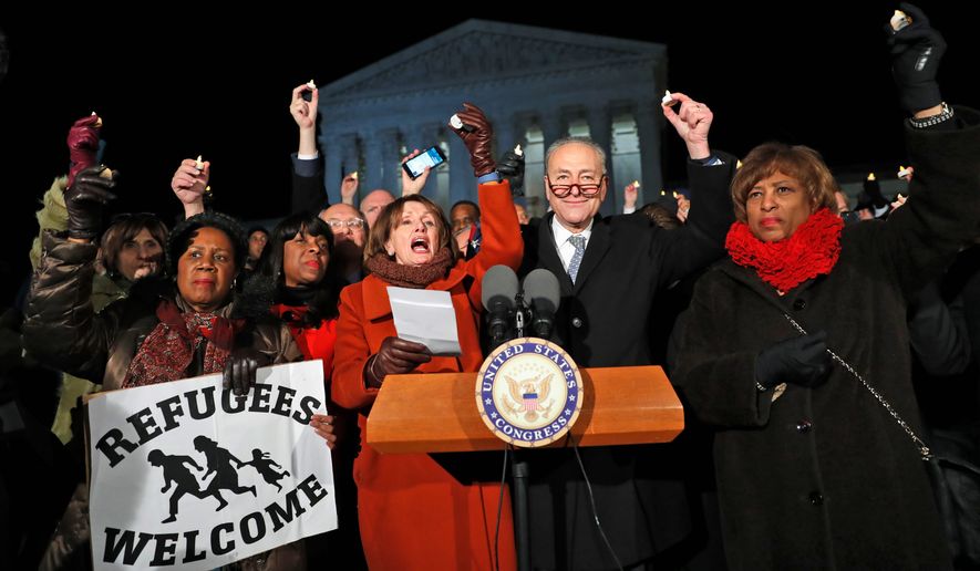 A protest rally on the steps of the Supreme Court by the Democratic leadership turned into a bit of an embarrassment Monday evening when House Minority Leader Nancy Pelosi (center) couldn&#39;t get her mic to work, leading to an impromptu hymn singing. (Associated Press)