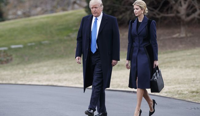 President Donald Trump and his daughter Ivanka walk to board Marine One on the South Lawn of the White House in Washington, Wednesday, Feb. 1, 2017. (AP Photo/Evan Vucci)