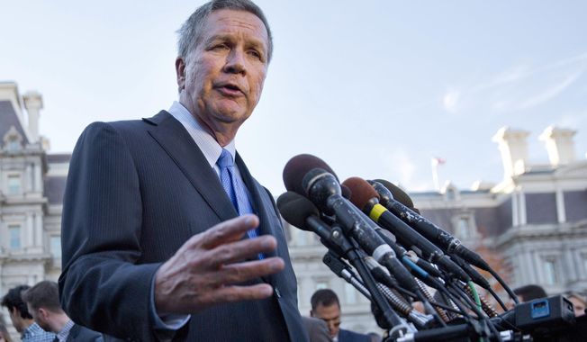 FILE – In this Nov. 10, 2016, file photo, Ohio Gov. John Kasich answers questions from reporters outside the West Wing of the White House in Washington. Kasich and other statewide leaders plan to address their top priorities this year at a forum sponsored by The Associated Press on Wednesday, Feb. 1, 2017. (AP Photo/Pablo Martinez Monsivais, File)