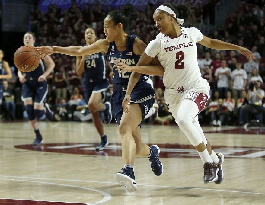 UConn guard Saniya Chong reaches for the passed basketball against Temple guard Feyonda Fitzgerald during the first quarter of an NCAA college basketball game, Wednesday, Feb. 1, 2017 in Philadelphia. (Yong Kim/The Philadelphia Inquirer via AP)