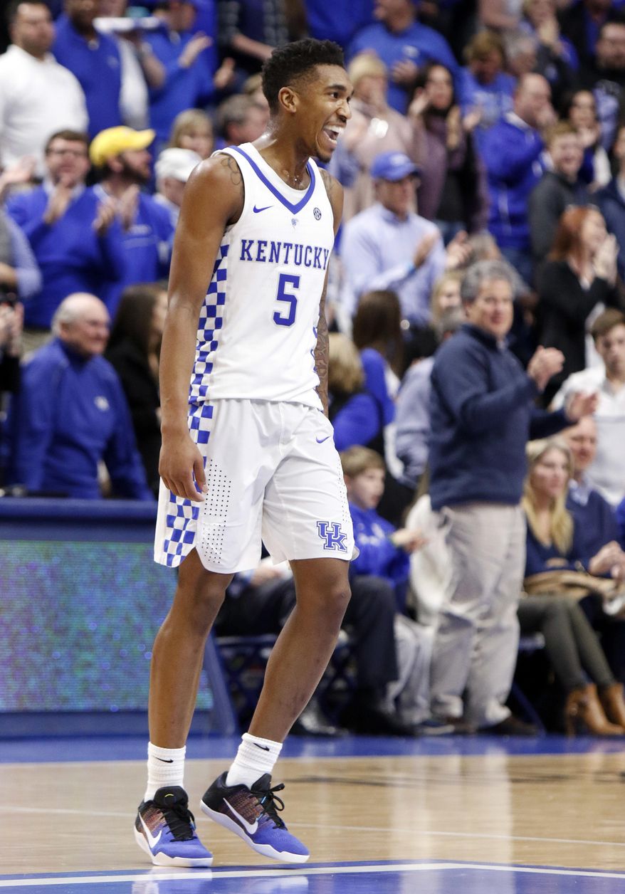 Kentucky's Malik Monk celebrates late in the overtime of an NCAA college basketball game against Georgia, Tuesday, Jan. 31, 2017, in Lexington, Ky. Kentucky won 90-81 in overtime. (AP Photo/James Crisp)