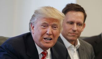 In this Wednesday, Dec. 14, 2016, file photo, PayPal founder Peter Thiel, right, listens as then President-elect Donald Trump speaks during a meeting with technology industry leaders at Trump Tower in New York. (AP Photo/Evan Vucci, File)
