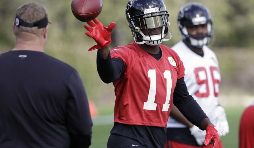 Atlanta Falcons wide receiver Julio Jones (11) goes through drills during a practice for the NFL Super Bowl 51 football game Wednesday, Feb. 1, 2017, in Houston. Atlanta will face the New England Patriots in the Super Bowl Sunday. (AP Photo/Eric Gay)