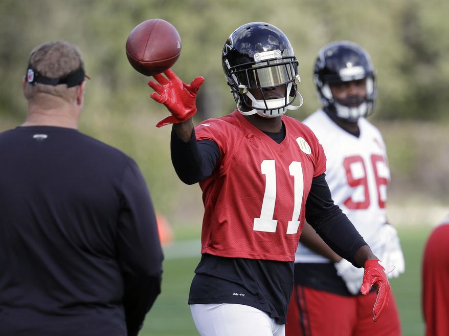 Atlanta Falcons wide receiver Julio Jones (11) goes through drills during a practice for the NFL Super Bowl 51 football game Wednesday, Feb. 1, 2017, in Houston. Atlanta will face the New England Patriots in the Super Bowl Sunday. (AP Photo/Eric Gay)