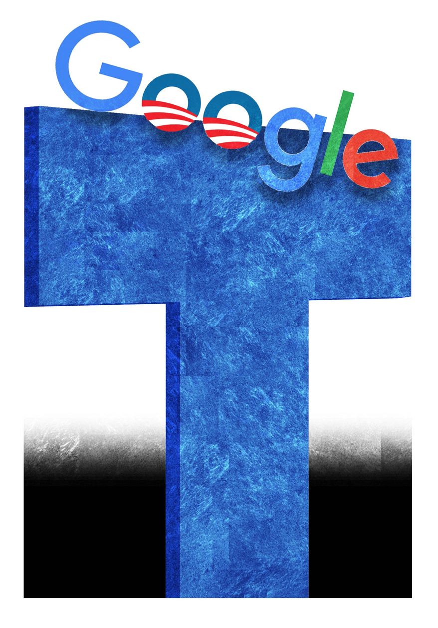 Illustration on Google and the Trump administration by Alexander Hunter/The Washington Times