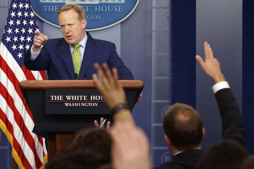 White House press secretary Sean Spicer calls on a reporter during the daily press briefing, Thursday, Feb. 2, 2017, in the briefing room of the White House in Washington. (AP Photo/Evan Vucci)