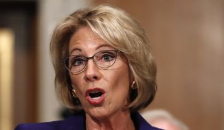 In this Jan. 17, 2017, file photo, Education Secretary-designate Betsy DeVos testifies on Capitol Hill in Washington at her confirmation hearing before the Senate Health, Education, Labor and Pensions Committee. (AP Photo/Carolyn Kaster, File) 
