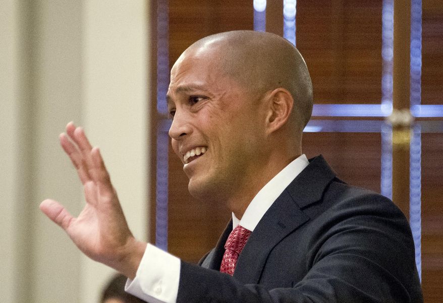Thomas Otake, defense attorney for State Department Special Agent Christopher Deedy, speaks at a hearing before the Hawaii Supreme Court in Honolulu on Thursday, Feb. 2, 2017. Prosecutors who failed to secure a murder conviction after two trials are unjustly trying to get any conviction against Deedy, a federal agent who shot and killed a man in a Waikiki fast-food restaurant, the agent's lawyer argued before the Hawaii Supreme Court on Thursday. (Craig T. Kojima/The Star-Advertiser via AP, Pool)